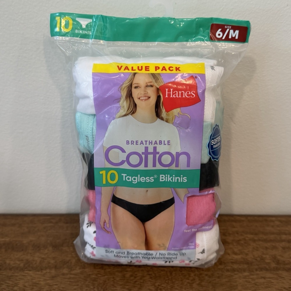 Hanes Women's Cotton Bikini Tagless Size 6/Medium Pack of 10 Multi-Color NEW